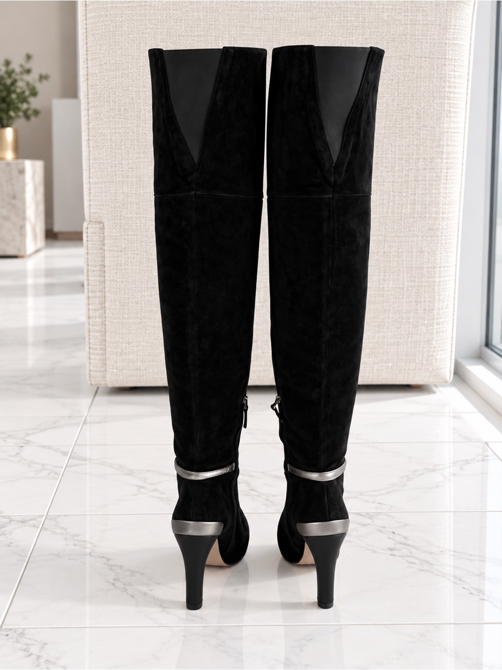 Fendi Black Suede Over-the-Knee Fold-Over‎ Boots – Size 39.5 with silver trim - Picture 3 of 10